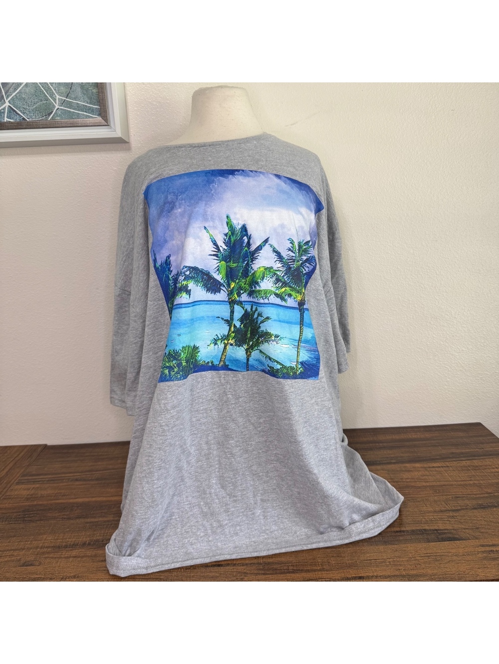 Gildan Softstyle 3XL Gray T-Shirt with Tropical Palm Tree Print
